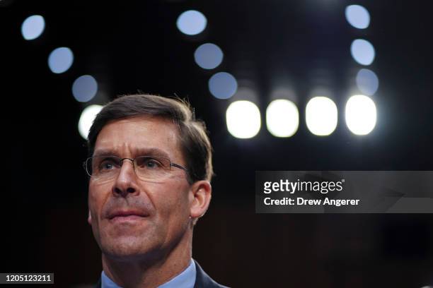 Secretary of Defense Mark Esper testifies during a Senate Armed Services Committee hearing concerning the Department of Defense budget in the Hart...