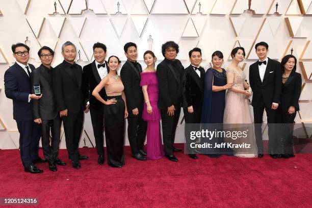 Director Bong Joon-ho with cast and crew of "Parasite" attend the 92nd Annual Academy Awards at Hollywood and Highland on February 09, 2020 in...