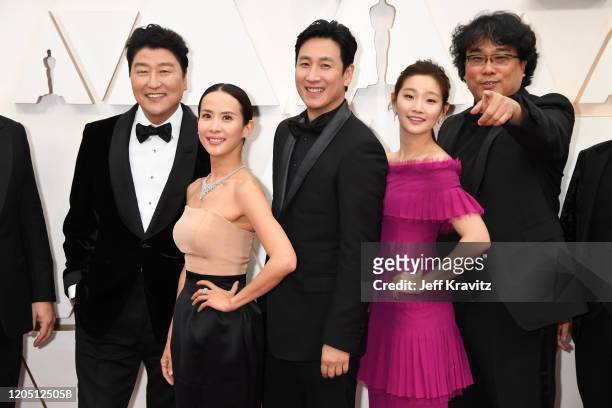 Director Bong Joon-ho with cast and crew of "Parasite" attend the 92nd Annual Academy Awards at Hollywood and Highland on February 09, 2020 in...