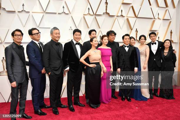 Cast and crew of 'Parasite' including editor Yang Jin-mo, writer Jin Won Han, producer Kwak Sin-ae, production designer Ha-jun Lee, Yang-kwon Moon,...