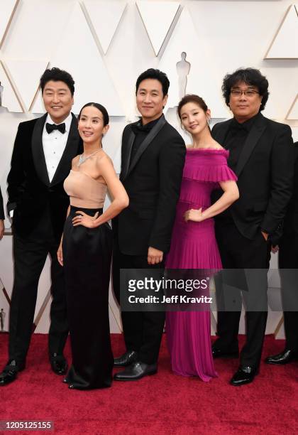 Director Bong Joon-ho with cast and crew of "Parasite" attend the 92nd Annual Academy Awards at Hollywood and Highland on February 09, 2020 in...