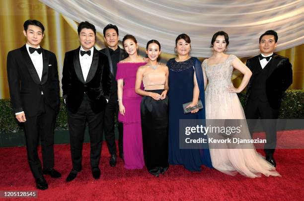 Choi Woo-shik, Kang-Ho Song, Lee Sun-kyun, Park So-dam, Cho Yeo-jeong, Lee Jeong-eun, Jang Hye-jin and Park Myung-hoon attend the 92nd Annual Academy...