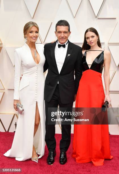 Nicole Kimpel, Antonio Banderas, and Stella Banderas attend the 92nd Annual Academy Awards at Hollywood and Highland on February 09, 2020 in...