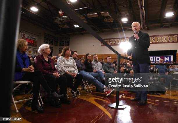 Democratic presidential candidate former Vice President Joe Biden speaks during a campaign event on February 09, 2020 in Hudson, New Hampshire. With...