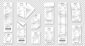 Set of paper receipts isolated on transparent background. Realistic paper receipt, check and payment bill printed on rolled and curved thermal paper