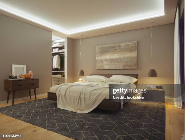 modern bedroom - beige bedroom stock pictures, royalty-free photos & images