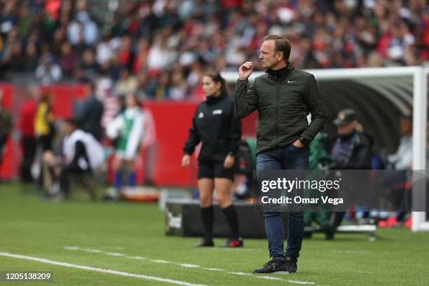 Head Coach of Canada Kenneth Heiner-moller reacts during the Final game between Canada and United States as part of the 2020 CONCACAF Women's Olympic...