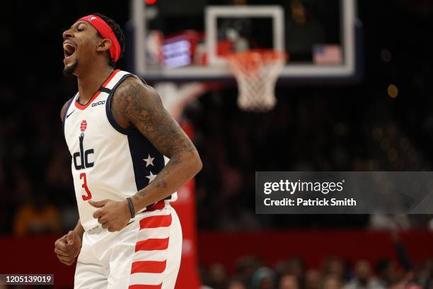 Bradley Beal of the Washington Wizards celebrates after scoring against the Memphis Grizzlies during the first half at Capital One Arena on February...