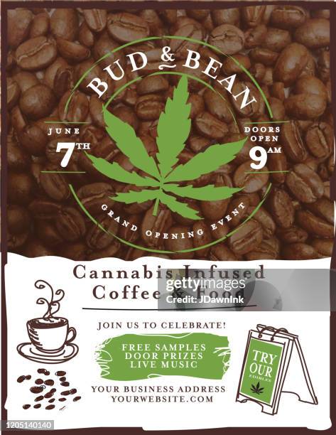 stockillustraties, clipart, cartoons en iconen met koffie en marihuana evenement partij ontwerp sjabloon met jute en koffieboon texturen - marijuana leaf text symbol