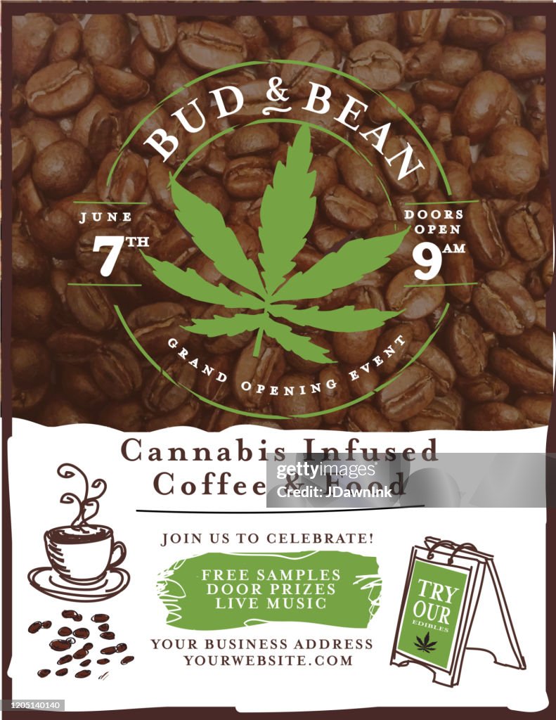 Coffee and marijuana event party design template with burlap and coffee bean textures