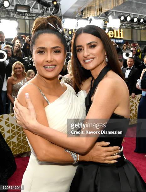 Salma Hayek and Penélope Cruz attend the 92nd Annual Academy Awards at Hollywood and Highland on February 09, 2020 in Hollywood, California.