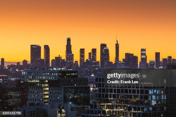 los angeles downtown aerial view at sunrise - hollywood at night stock pictures, royalty-free photos & images