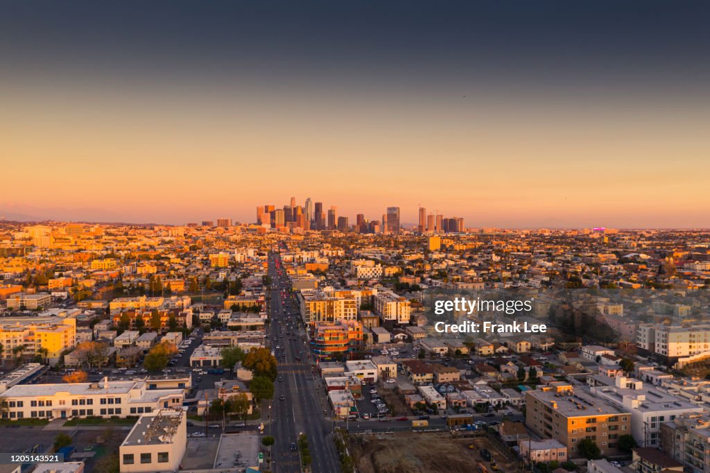 Los Angeles downtown aerial view at sunset