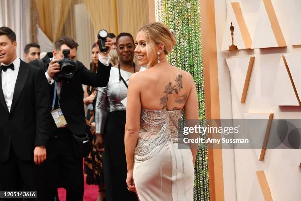 Scarlett Johansson, tattoo and fashion details, attends the 92nd Annual Academy Awards at Hollywood and Highland on February 09, 2020 in Hollywood,...