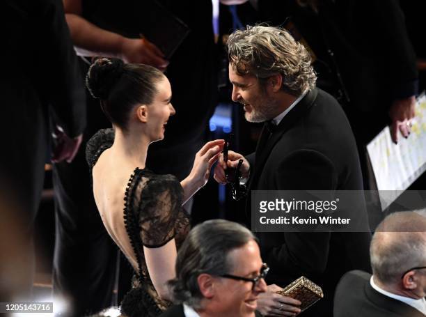 Rooney Mara and Joaquin Phoenix attend the 92nd Annual Academy Awards at Dolby Theatre on February 09, 2020 in Hollywood, California.