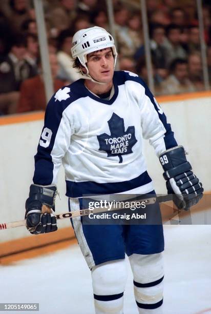 Wilf Paiement of the Toronto Maple Leafs skates against the Pittsburgh Penguins during NHL game action on December 3, 1980 at Maple Leaf Gardens in...