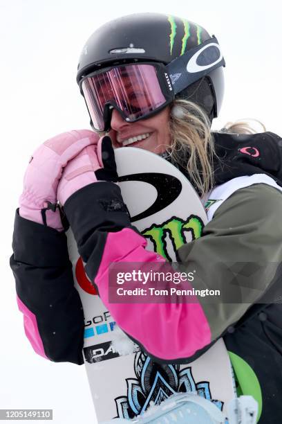 Jamie Anderson of the United States reacts after winning the Women's Snowboard Slopestyle Final during the Dew Tour Copper Mountain 2020 on February...