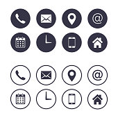 Contact icon set isolated on circle, Vector collection, flat illustration. Business Calling card elements.