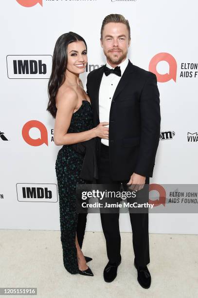 Hayley Erbert and Derek Hough attend the 28th Annual Elton John AIDS Foundation Academy Awards Viewing Party sponsored by IMDb, Neuro Drinks and...