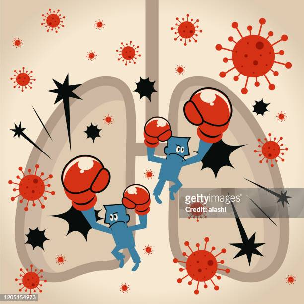 das immunsystem (wissenschaftler, arzt, biochemiker) kämpft gegen das neue virus coronavirus in der menschlichen lunge - faustschlag stock-grafiken, -clipart, -cartoons und -symbole