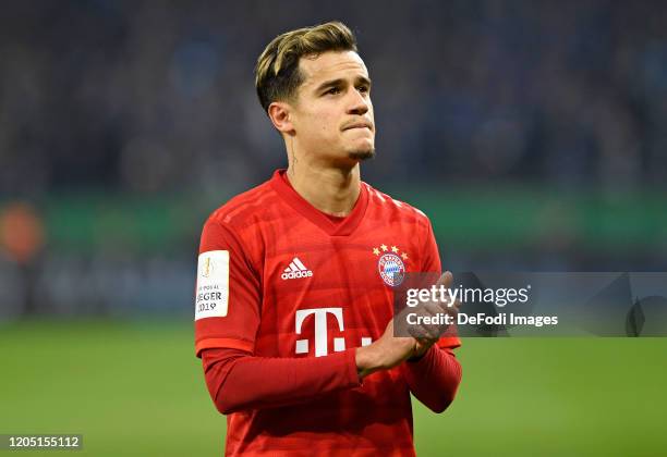 Philippe Coutinho of Bayern Muenchen looks on after the DFB Cup quarterfinal match between FC Schalke 04 and FC Bayern Muenchen at Veltins Arena on...