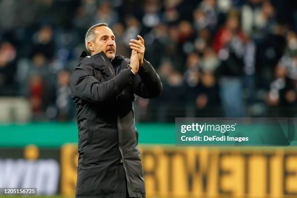 Head coach Adi Huetter of Eintracht Frankfurt celebrate after winning the DFB Cup quarterfinal match between Eintracht Frankfurt and Werder Bremen at...