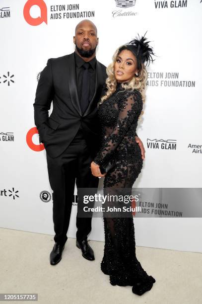 Terrell Suggs and Tasia Miller attend Neuro Brands Presenting Sponsor At The Elton John AIDS Foundation's Academy Awards Viewing Party on February...