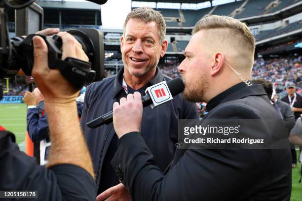 Troy Aikman is interviewed by Pat McAfee during an XFL football game between the St. Louis Battlehawks and the Dallas Renegades on February 09, 2020...