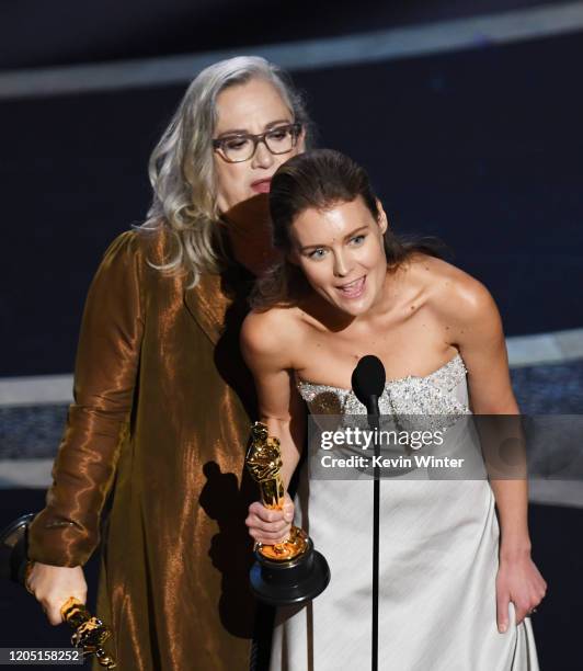 Carol Dysinger and Elena Andreicheva accept the Documentary - Short Subject - award for 'Learning to Skateboard in a Warzone If You're a Girl'...