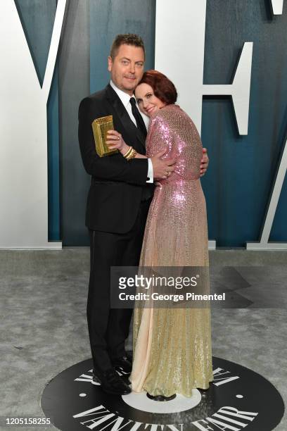 Nick Offerman and Megan Mullally attend the 2020 Vanity Fair Oscar party hosted by Radhika Jones at Wallis Annenberg Center for the Performing Arts...
