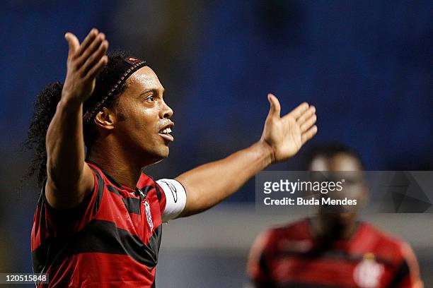 Ronaldinho of Flamengo celebrates a victory againist Coritiba during a match as part of Serie A 2011 at Engenhao stadium on August 06, 2011 in Rio de...