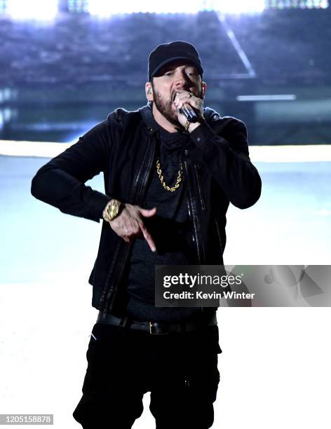 Eminem performs onstage during the 92nd Annual Academy Awards at Dolby Theatre on February 09, 2020 in Hollywood, California.