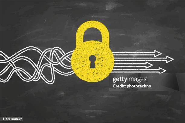 security concepts on blackboard background - person using computer up close stock illustrations