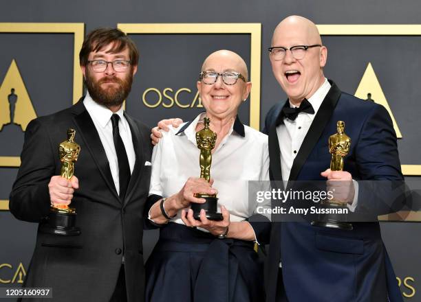 Filmmakers Jeff Reichert, Julia Reichert, and Steven Bognar, winners of the Documentary Feature award for “American Factory,” pose in the press room...