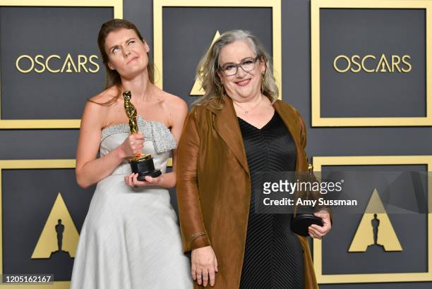 Directors Carol Dysinger and Elena Andreicheva, winners of the Documentary Feature award for “Learning to Skateboard in a Warzone ,” pose in the...