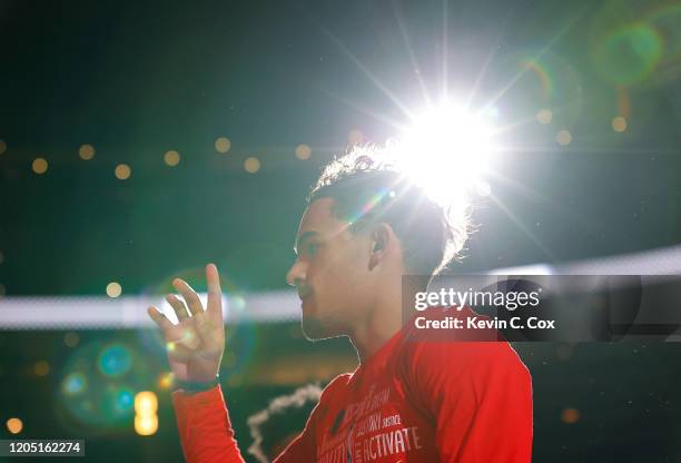 Trae Young of the Atlanta Hawks walks on the court during player introductions prior to facing the New York Knicks at State Farm Arena on February...