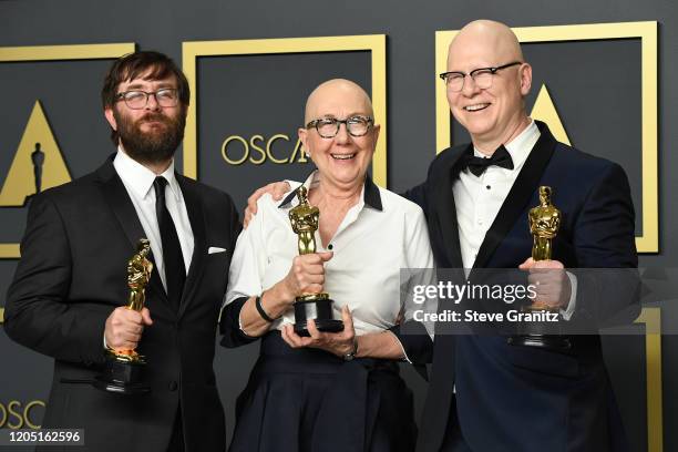 Filmmakers Jeff Reichert, Julia Reichert, and Steven Bognar, winners of the Documentary Feature award for “American Factory,” pose in the press room...