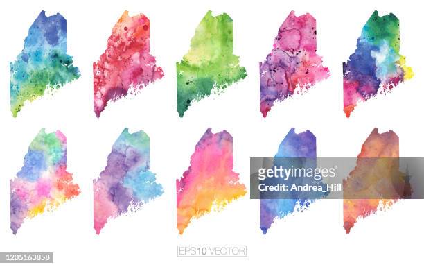 maine watercolor vector map illustration set - northern maine stock illustrations
