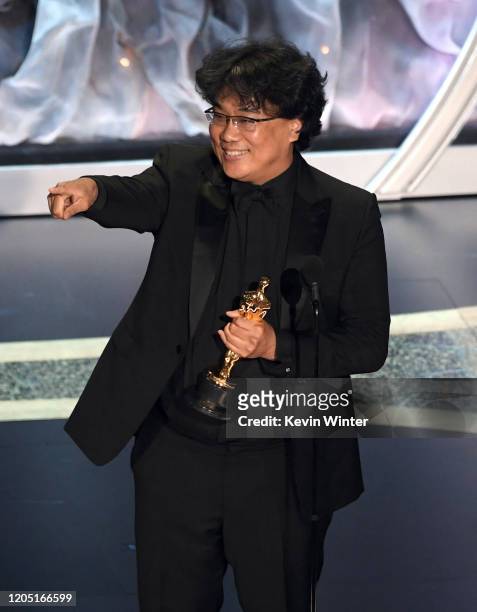 Bong Joon-ho accepts the International Feature Film award for 'Parasite' onstage during the 92nd Annual Academy Awards at Dolby Theatre on February...