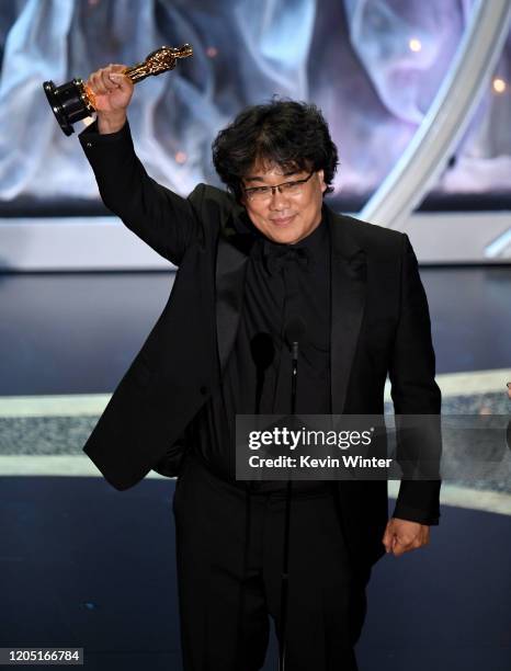 Bong Joon-ho accepts the International Feature Film award for 'Parasite' onstage during the 92nd Annual Academy Awards at Dolby Theatre on February...