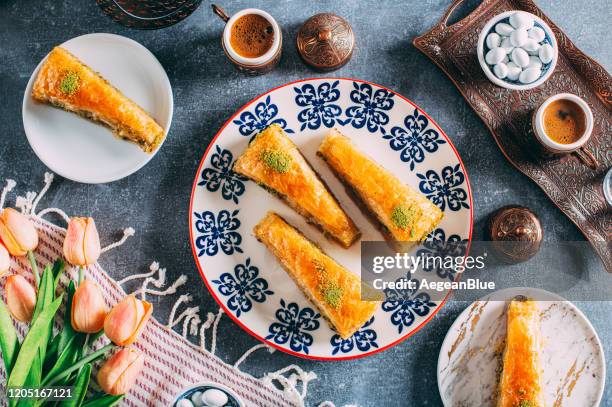 top view traditional turkish dessert baklava - turkish delight stock pictures, royalty-free photos & images
