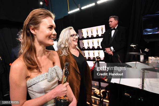 In this handout photo provided by A.M.P.A.S. Best Documentary winners Elena Andreicheva and Carol Dysinger pose backstage during the 92nd Annual...