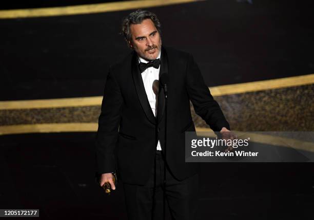 Joaquin Phoenix accepts the Actor In A Leading Role award for 'Joker' onstage during the 92nd Annual Academy Awards at Dolby Theatre on February 09,...
