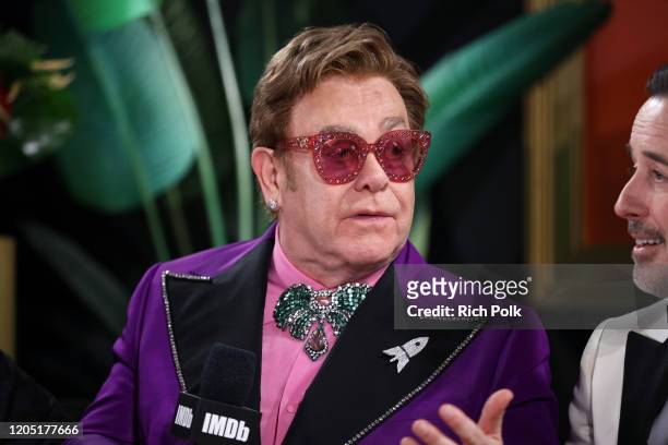 Elton John speaks onstage at IMDb LIVE Presented By M&M'S At The Elton John AIDS Foundation Academy Awards Viewing Party on February 09, 2020 in Los...