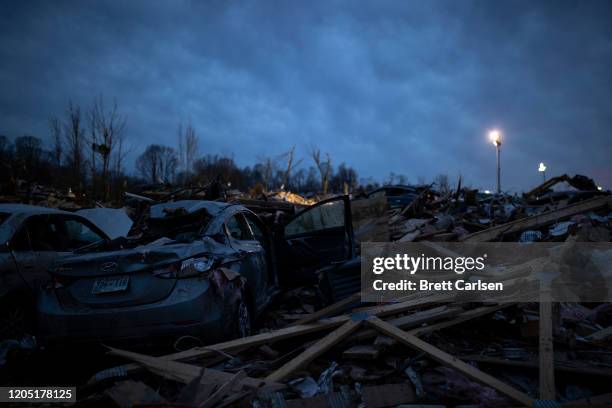 Piled debris surrounds foundations left after a tornado early Tuesday morning on March 4, 2020 in Cookeville, Tennessee. A tornado passed through the...