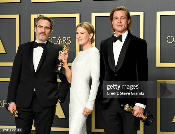 Joaquin Phoenix, winner of the Actor in a Leading Role award for “Joker,” Renée Zellweger, winner of the Actress in a Leading Role award for “Judy,”...