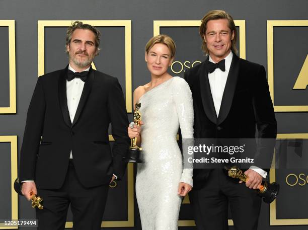 Joaquin Phoenix, winner of the Actor in a Leading Role award for “Joker,” Renée Zellweger, winner of the Actress in a Leading Role award for “Judy,”...