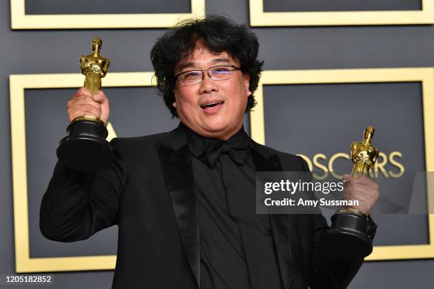 Director Bong Joon-ho, winner of the Original Screenplay, International Feature Film, Directing, and Best Picture awards for “Parasite,” poses in the...