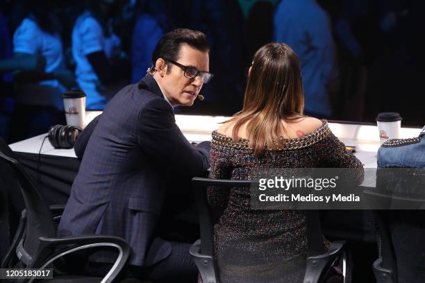 Horacio Villalobos speaks whith Danna Paola during the concert of the reality show La Academia at Azteca Tlalpan on February 9, 2020 in Mexico City,...