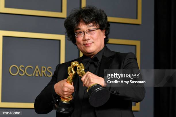 Director Bong Joon-ho, winner of the Original Screenplay, International Feature Film, Directing, and Best Picture awards for “Parasite,” poses in the...